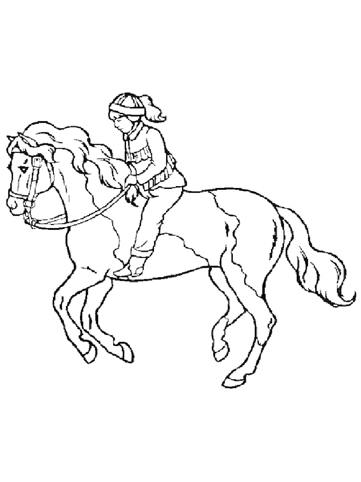 На раскраске изображено: Всадник, Лошадь, Верховая езда, Зимняя одежда, Шапка, Перчатки