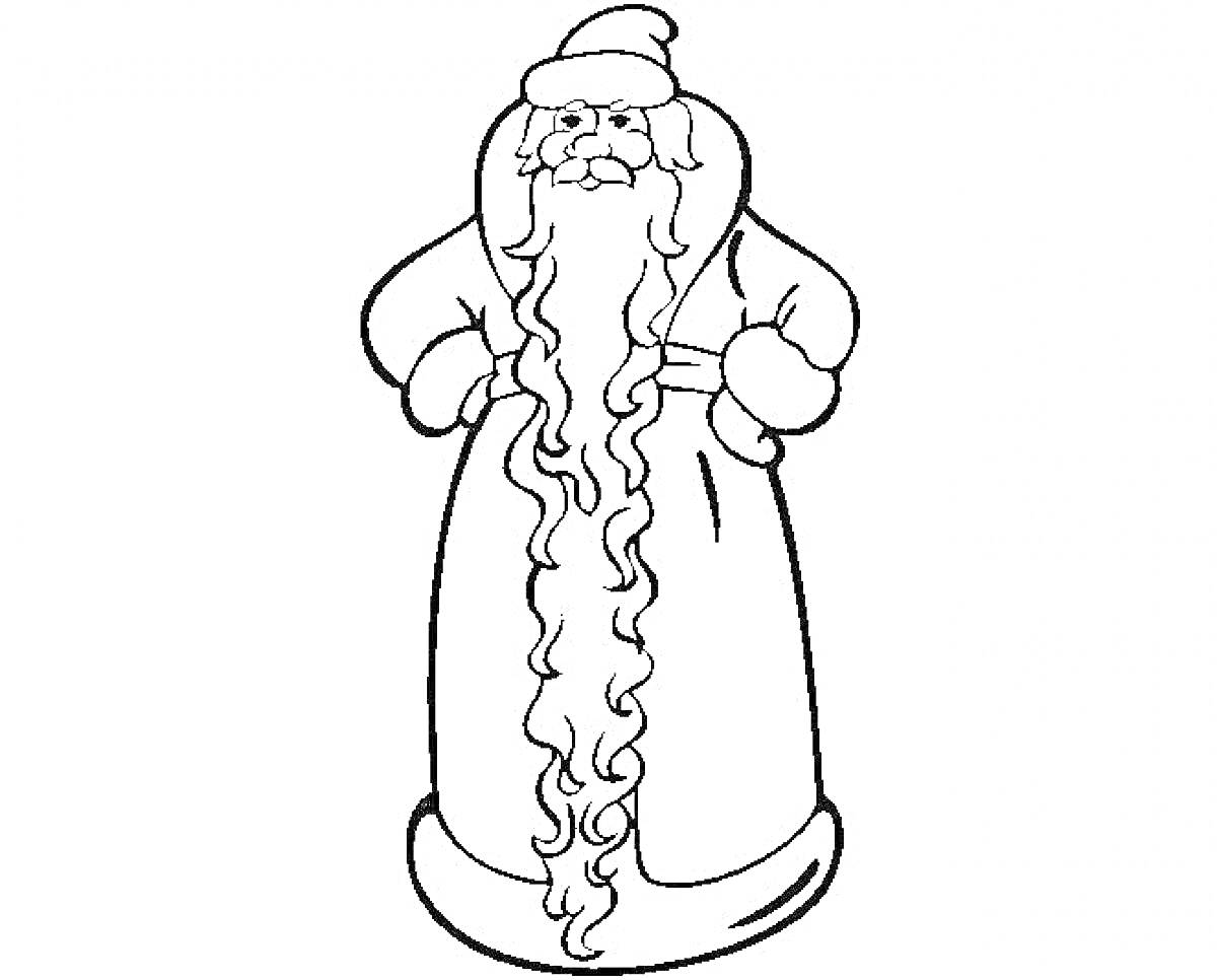 На раскраске изображено: Дед Мороз, Длинная борода, Шуба, Шапка, Зима, Новый год, Рождество