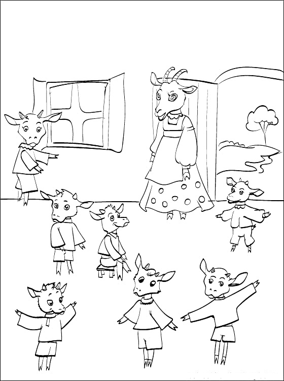 Мама-коза и семеро козлят в доме у окна