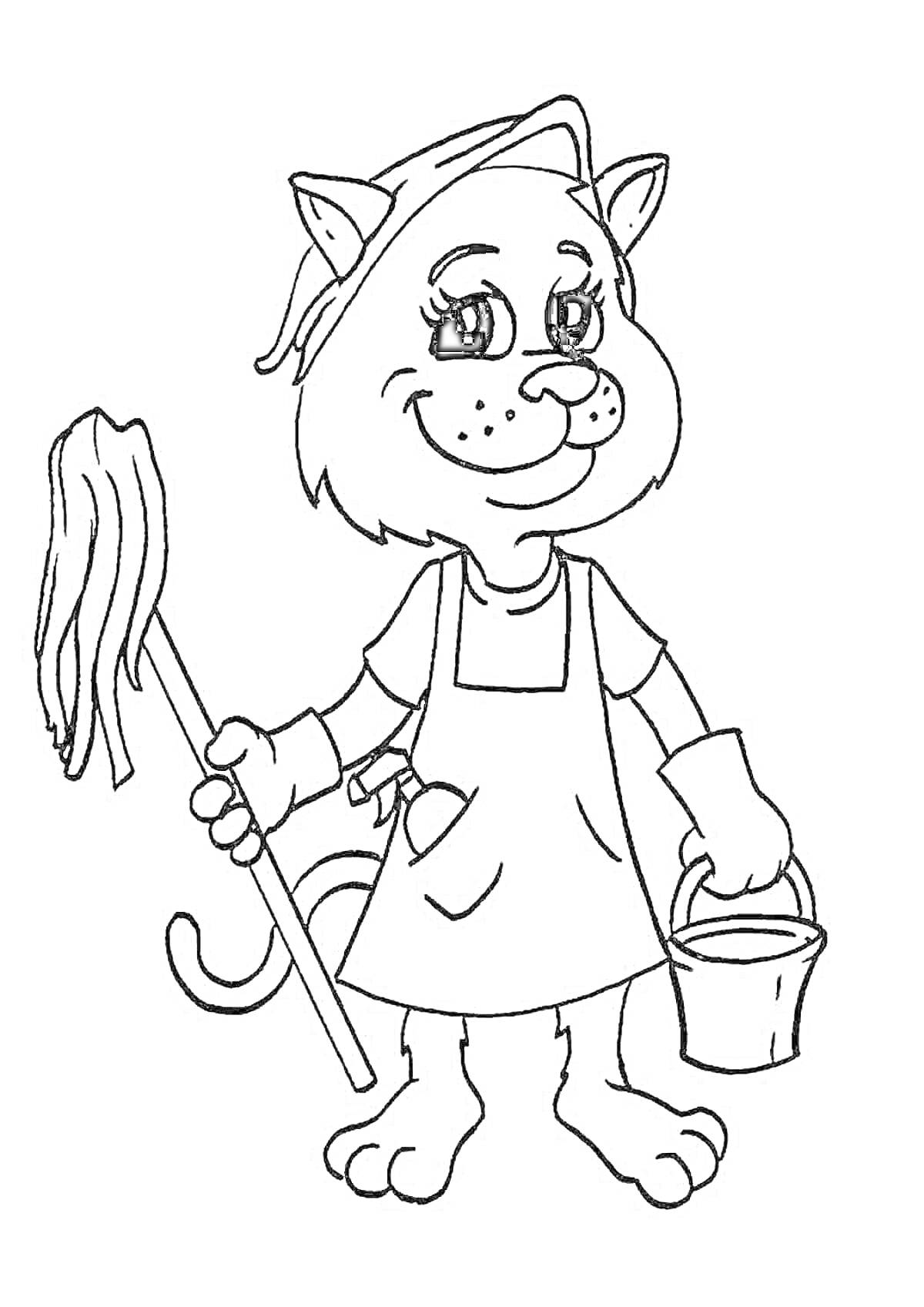 Раскраска Кошка с ушками, в фартуке и платке, с шваброй и ведром