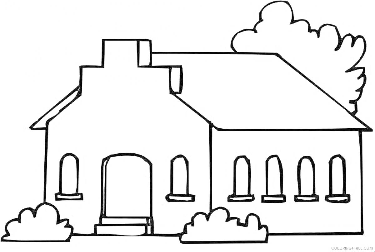 На раскраске изображено: Дом, Дверь, Кусты, Деревья, Здание, Сад