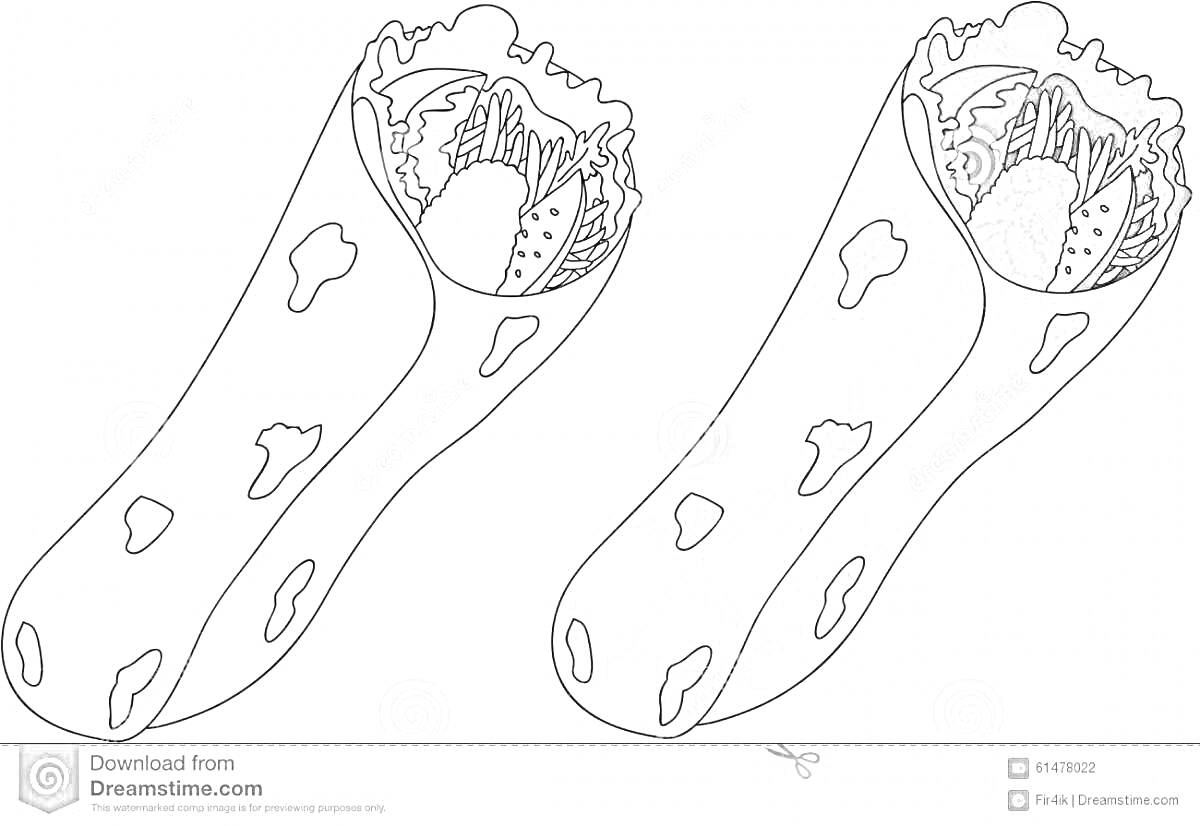 Раскраска Две шаурмы с овощами внутри, одна полностью не раскрашена, другая частично раскрашена
