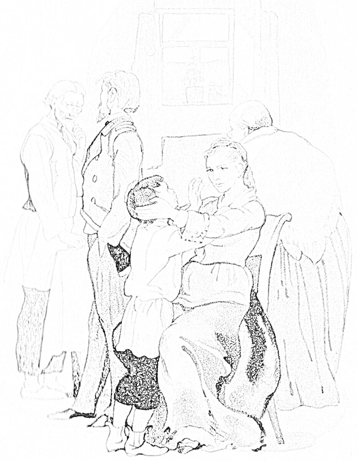 На раскраске изображено: Комната, Ребенок, Женщина, Пожилая женщина, Стол, Общение, Объятия, Работа