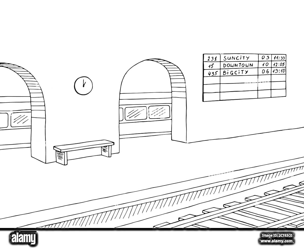 Раскраска Вокзал с арками, скамейкой, часами и расписанием поездов