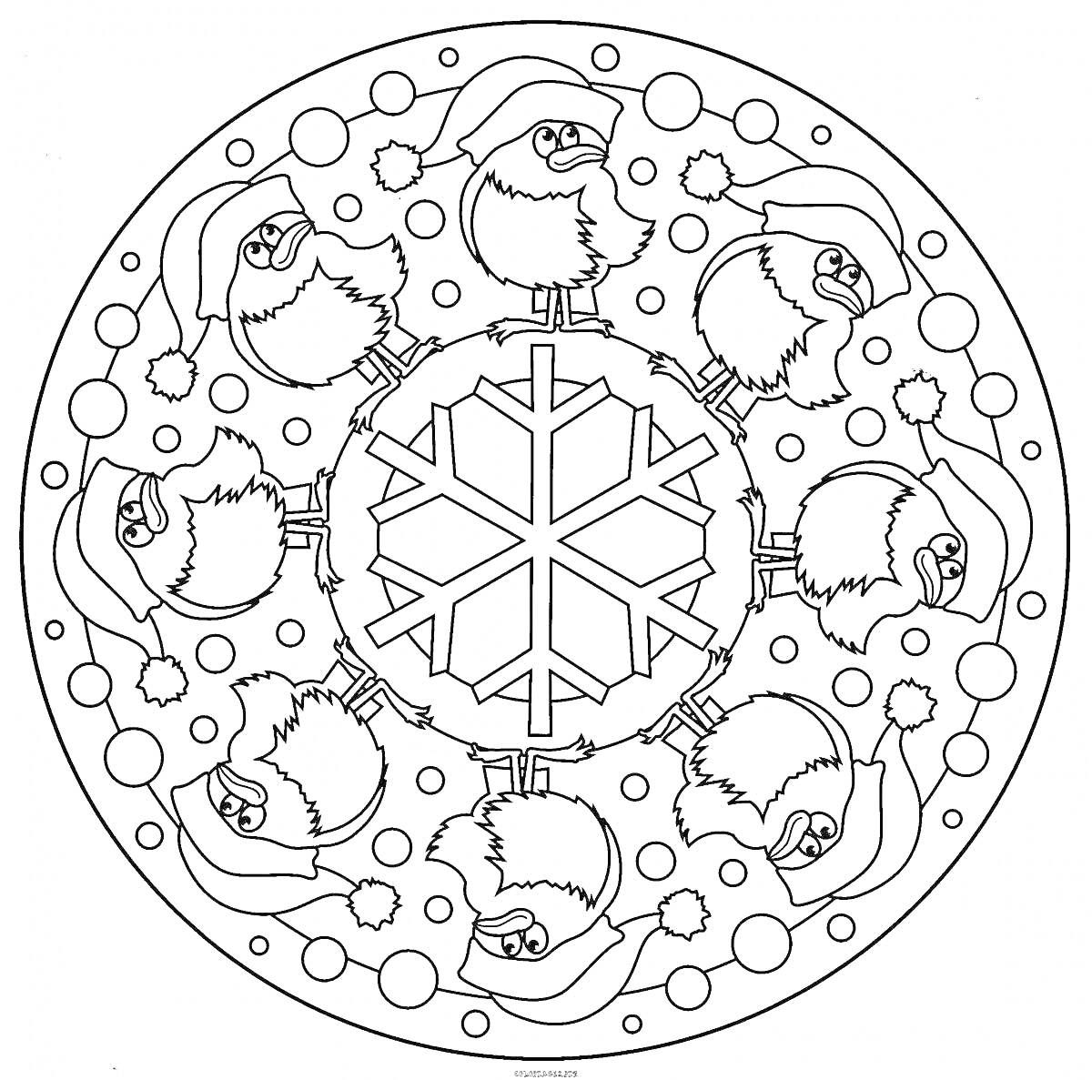 Раскраска Мандала с зимними птицами в шапках Санты и снежинкой в центре