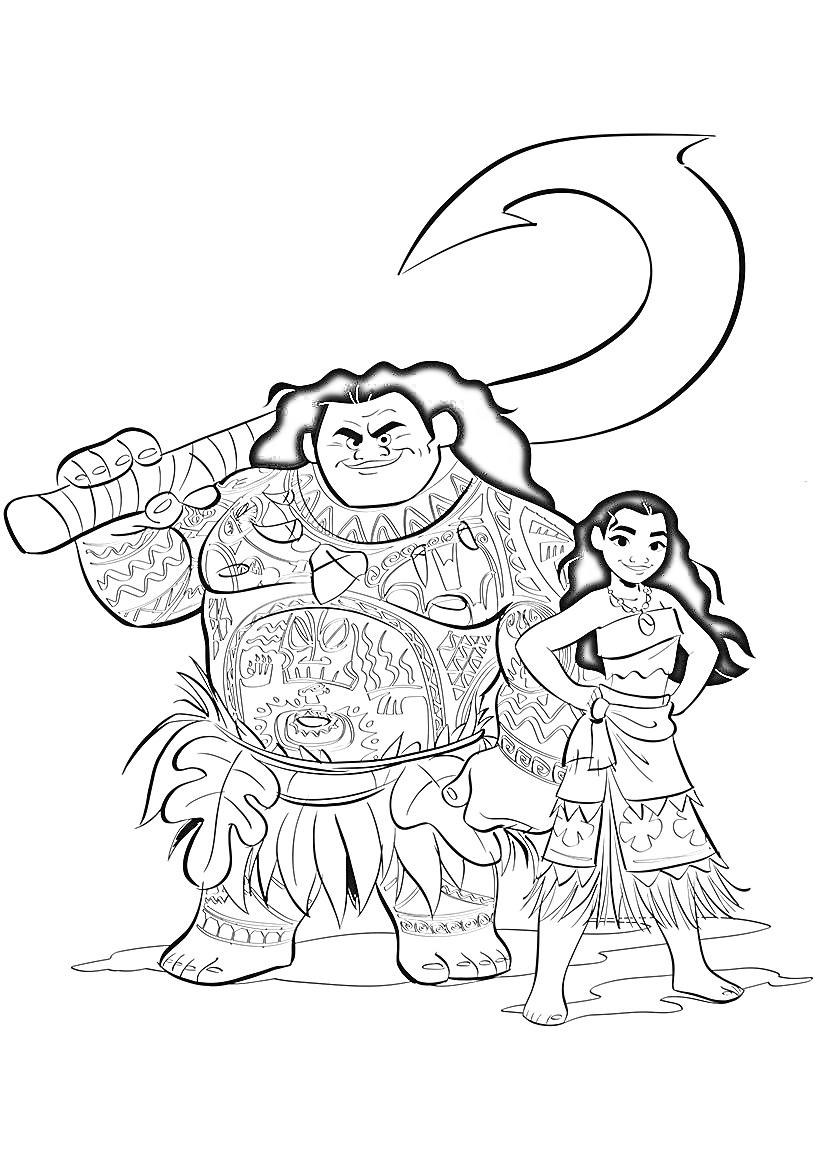 Раскраска Моана и Мауи с волшебным крюком