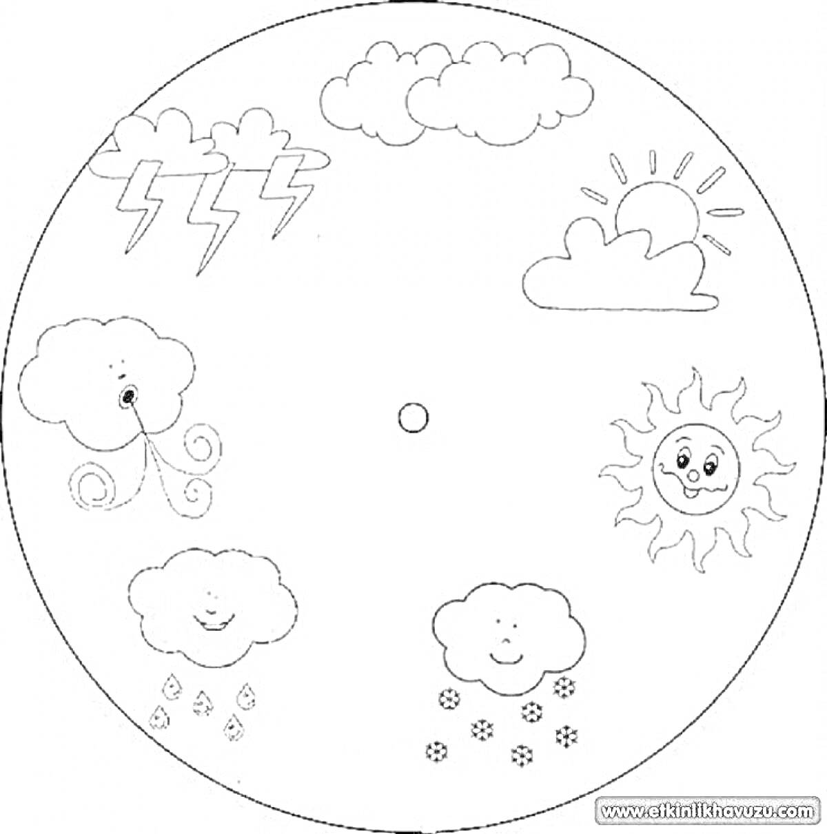 На раскраске изображено: Погода, Облака, Молния, Дождь, Снег, Солнечно, Ветер, Улыбка, Обучение