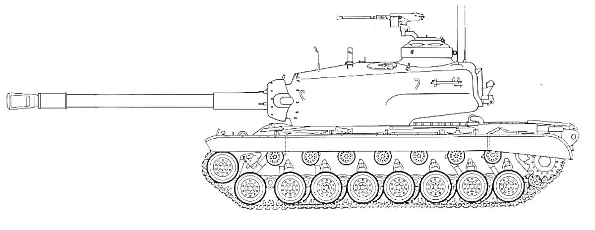 Раскраска Контурный рисунок танка Т-34-85, боковой вид, длинная пушка, башня со стрелком, гусеницы с десятью колесами, дополнительное оборудование на башне и корпусе