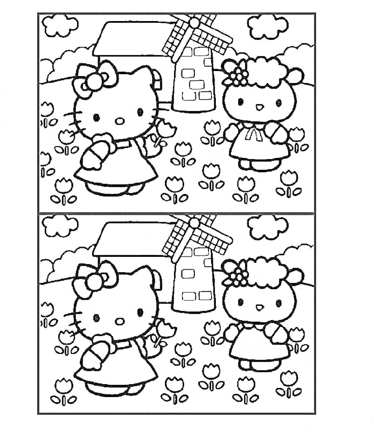 Раскраска Найди отличия. Кошечка с бантиком и овечка на фоне мельницы и цветов.