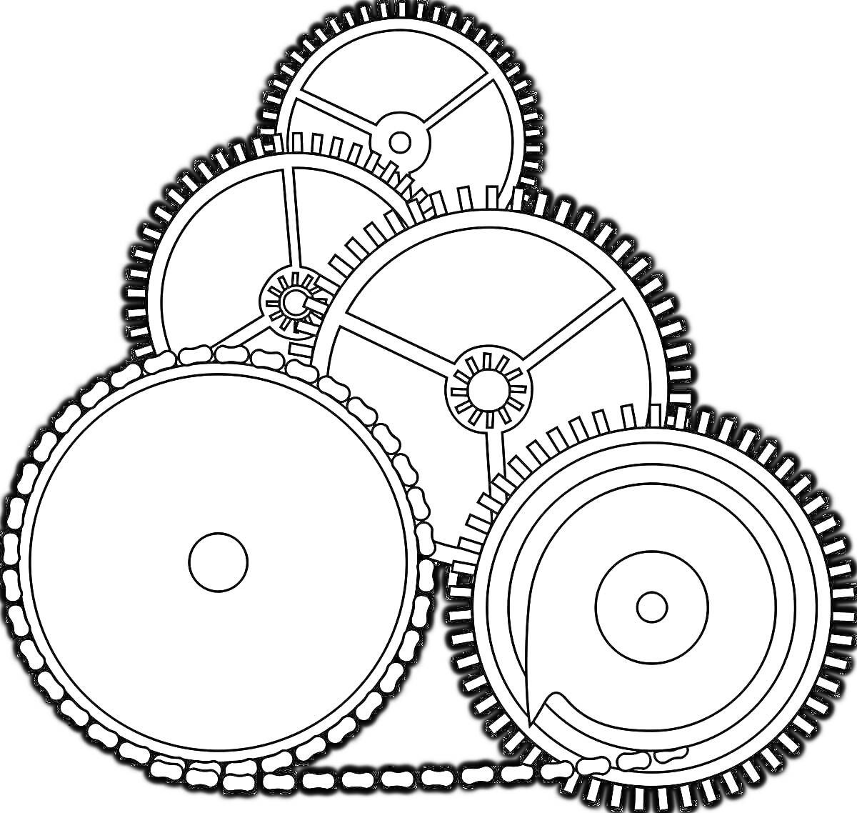 На раскраске изображено: Шестеренки, Механизмы, Зубчатые колеса, Движение, Техника