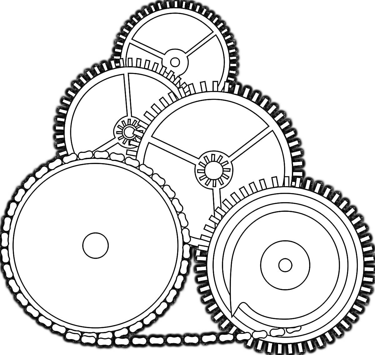 Раскраска Раскраска шестеренок с пятью взаимосвязанными зубчатыми колесами