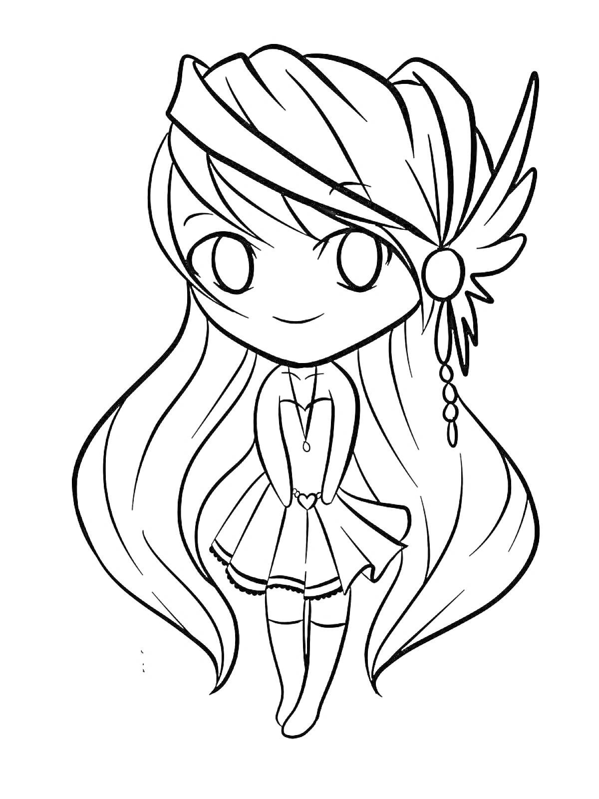 Раскраска Девочка с длинными волосами в повязке и крылом, в платье с подвеской