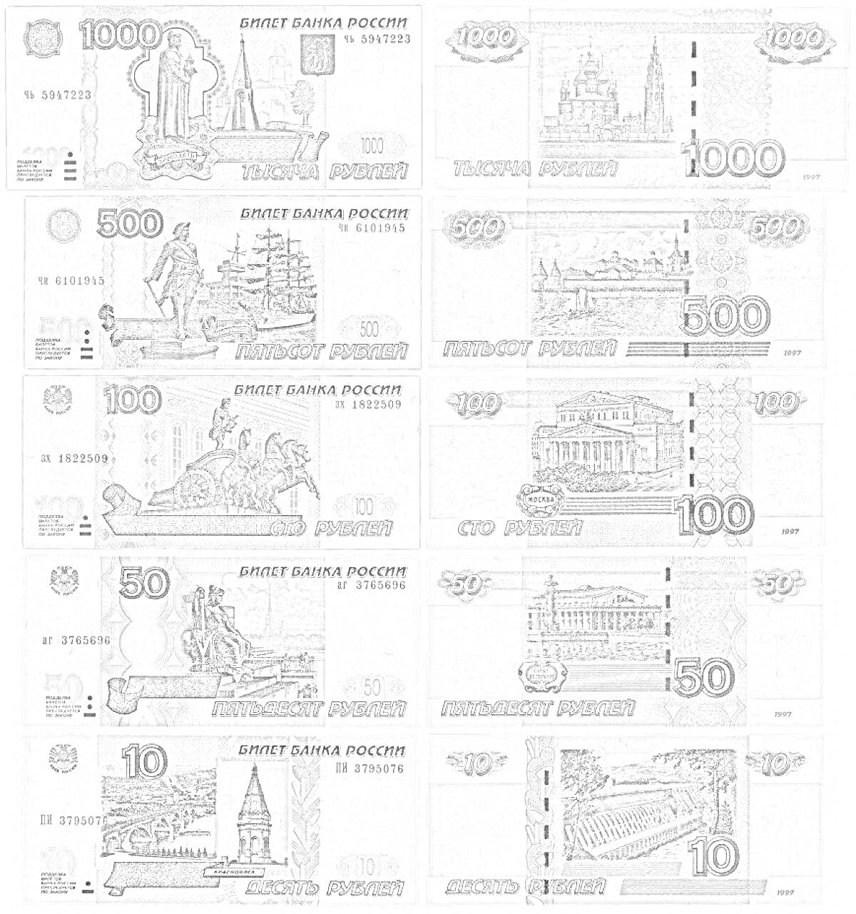 Раскраска Банкноты России (1000 рублей, 500 рублей, 100 рублей, 50 рублей, 10 рублей)