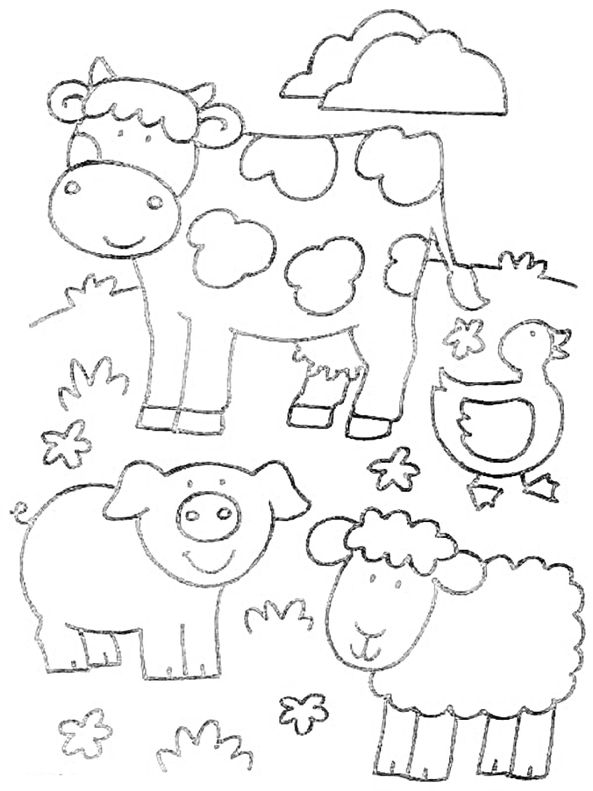 Раскраска Корова, утка, свинья и овца на ферме, окружённые травой, цветами и облаками