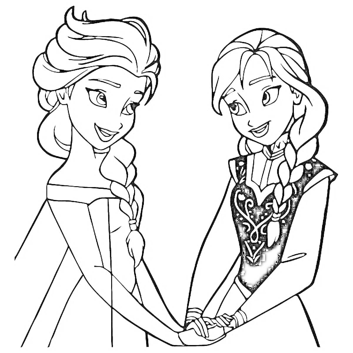 Раскраска Эльза и Анна держатся за руки