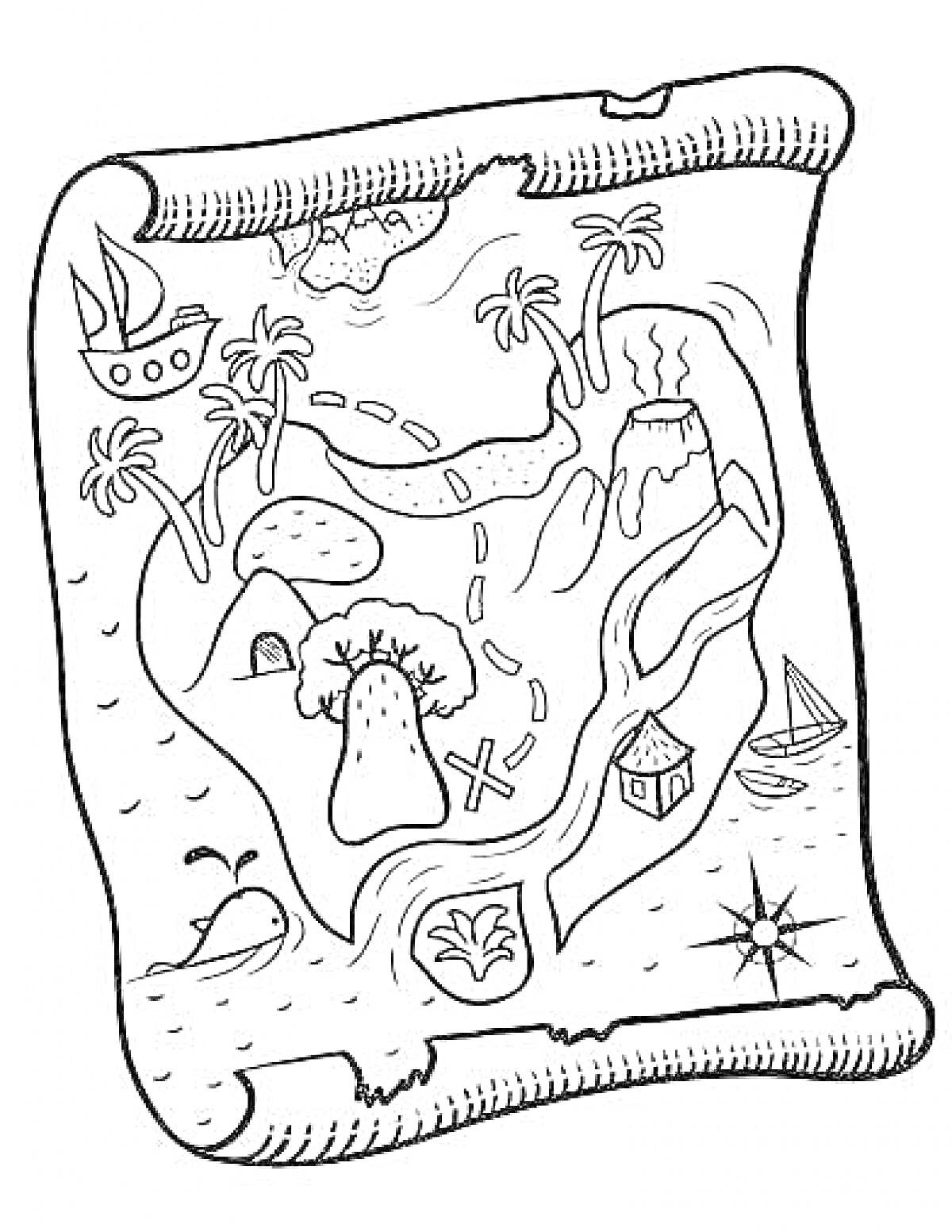 Раскраска Карта сокровищ с островом, пальмами, кораблем, вулканом, домиком, пути, отметкой X, ориентирами
