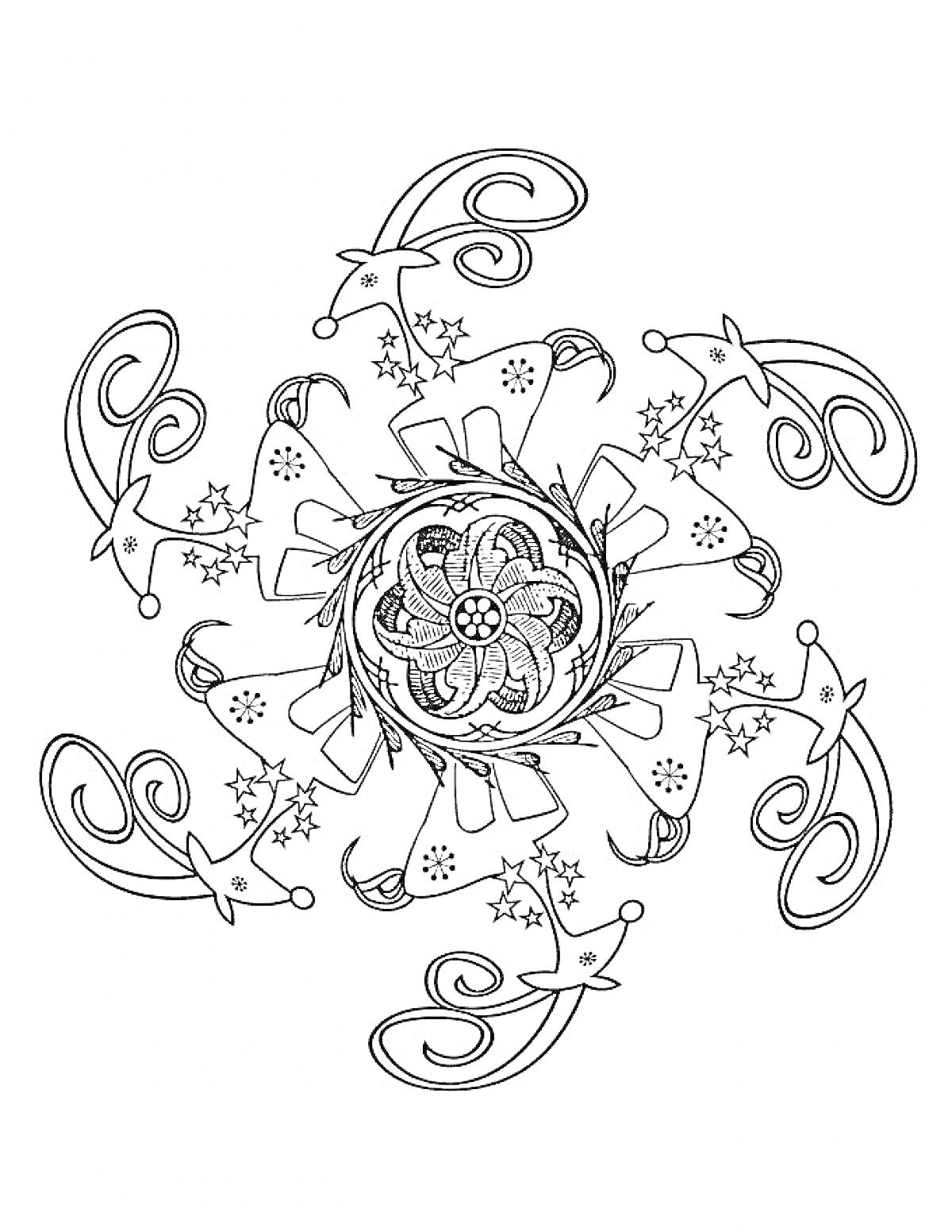 Раскраска Мандала с новогодними звездами, крючками и декоративными узорами