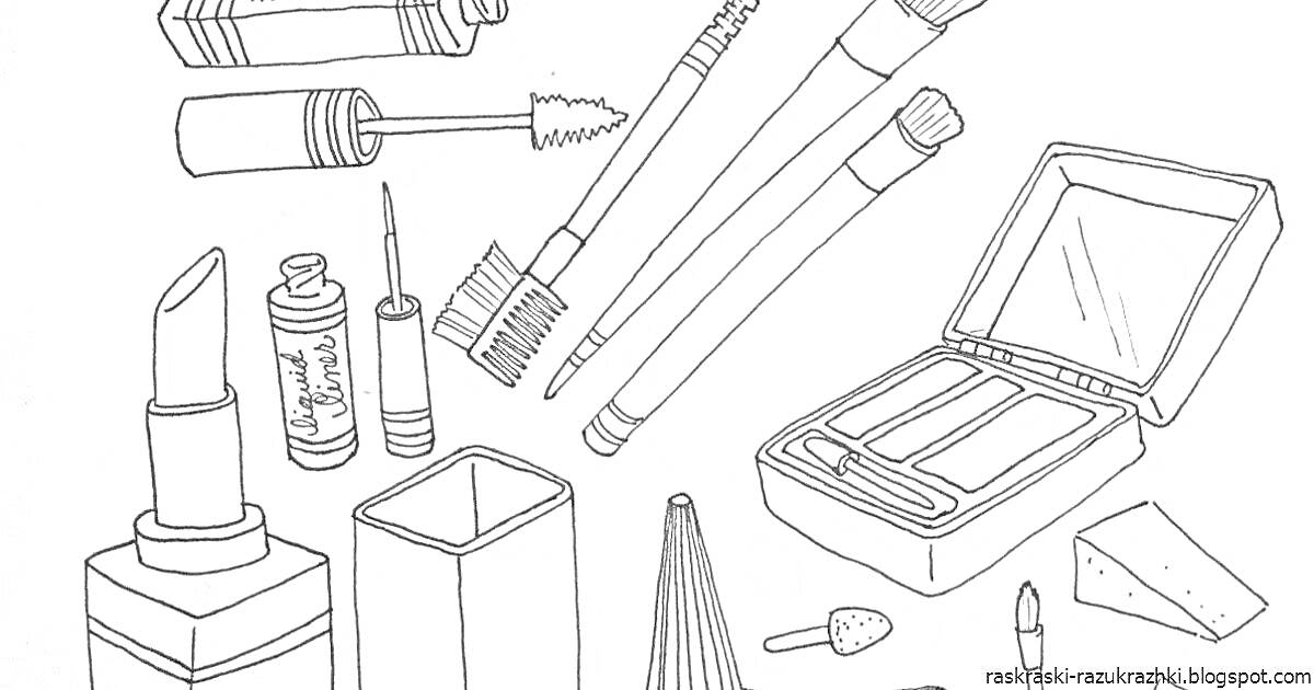 На раскраске изображено: Косметика, Помада, Губная помада, Кисточки, Тюбики, Палетка, Косметичка, Макияж, Карандаш для глаз