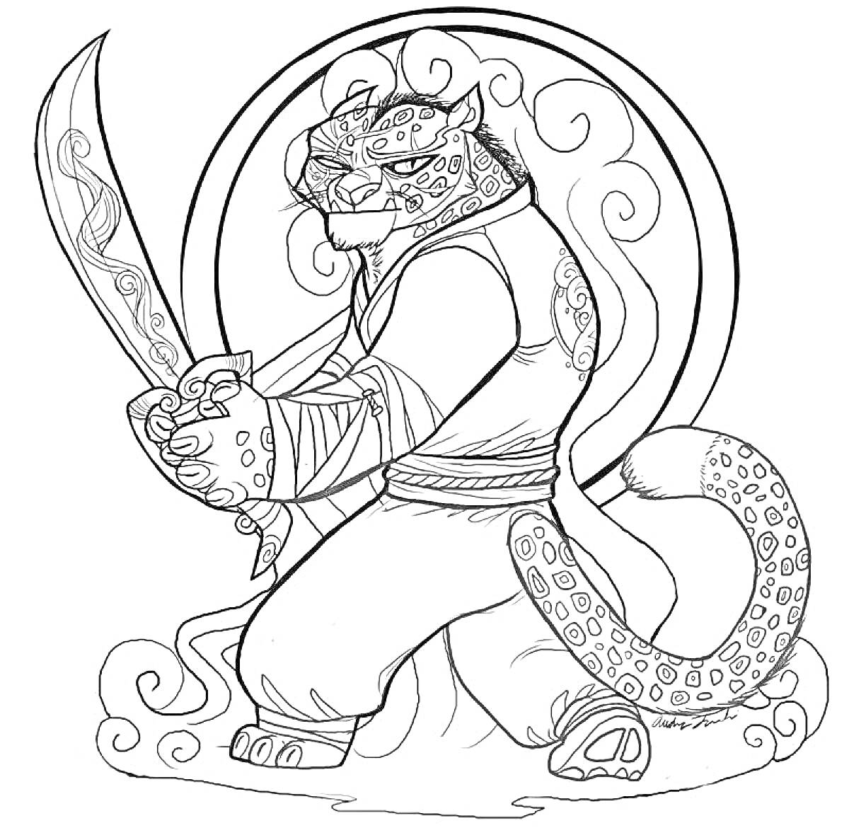 Раскраска Леопард-самурай с мечом на фоне круга и завитков