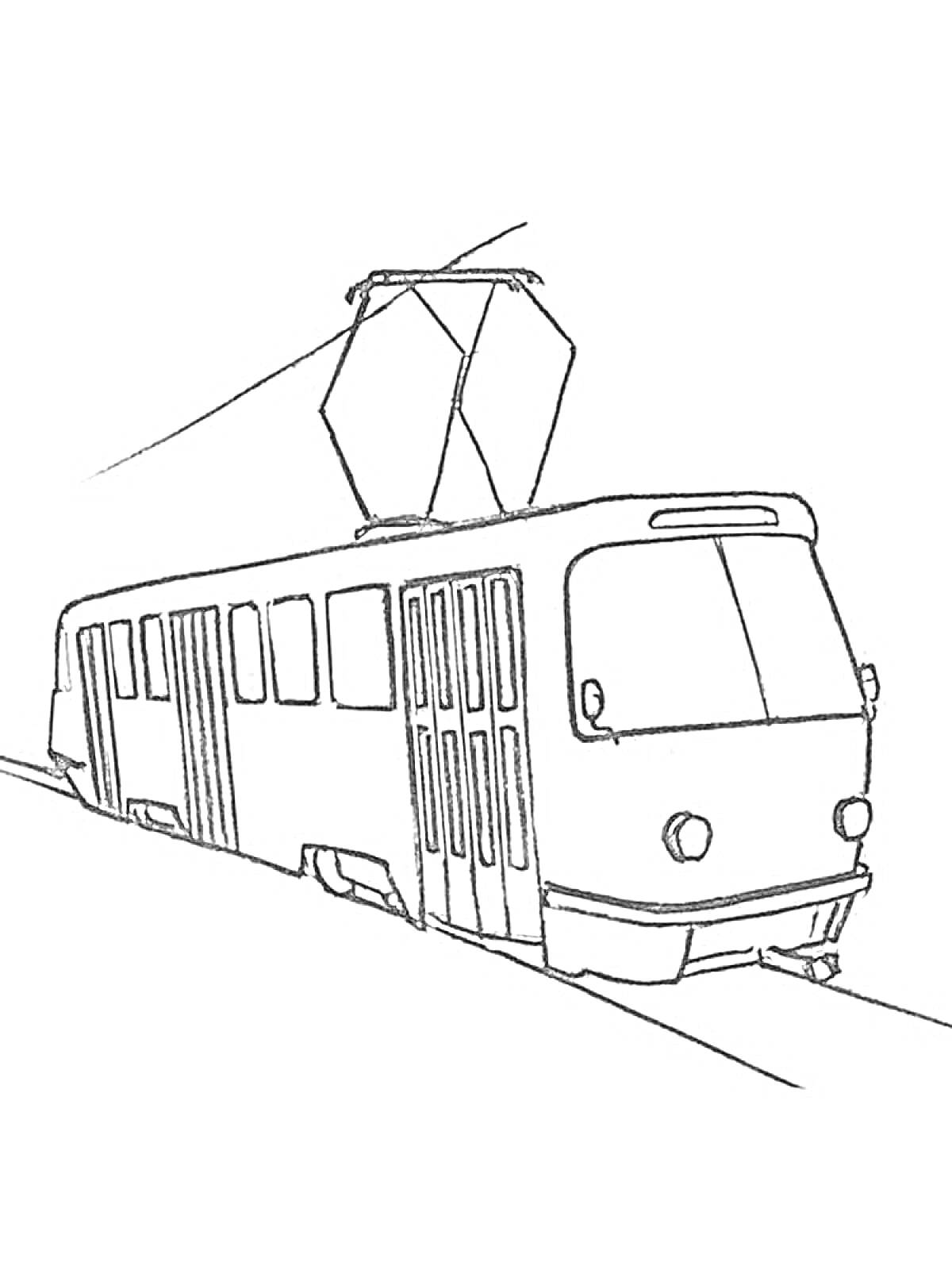 На раскраске изображено: Трамвай, Транспорт, Рельсы, Городской транспорт, Иллюстрация, Дверь