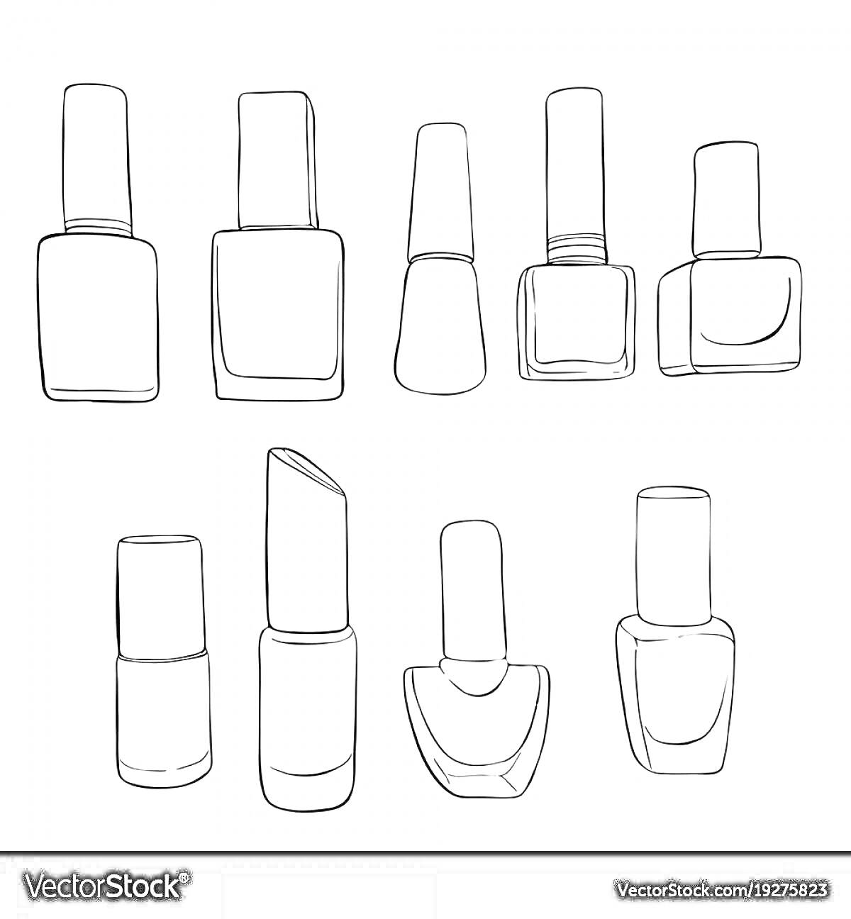 На раскраске изображено: Лак для ногтей, Косметика, Флаконы, Губная помада