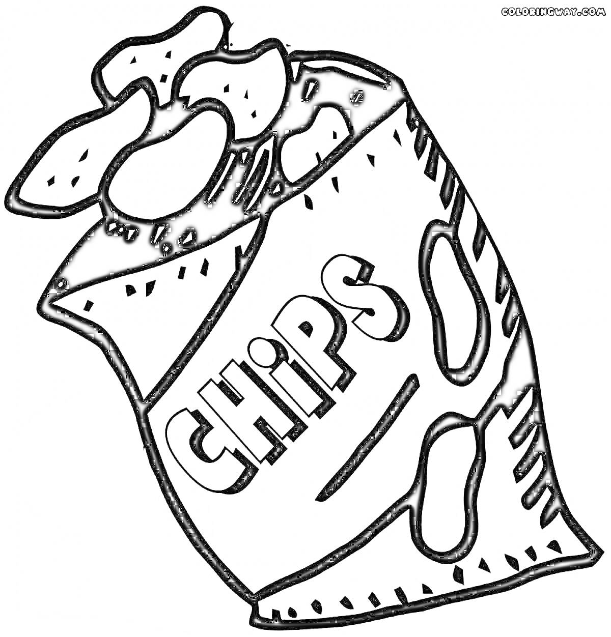 Раскраска Пакет с чипсами, с виднеющимися чипсами и надписью 