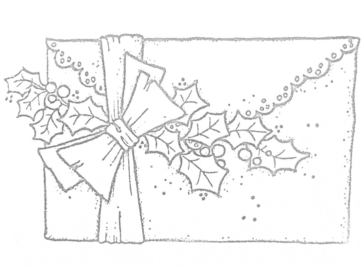 На раскраске изображено: Конверт, Новый год, Рождество, Бант, Остролист, Ягоды, Кружево