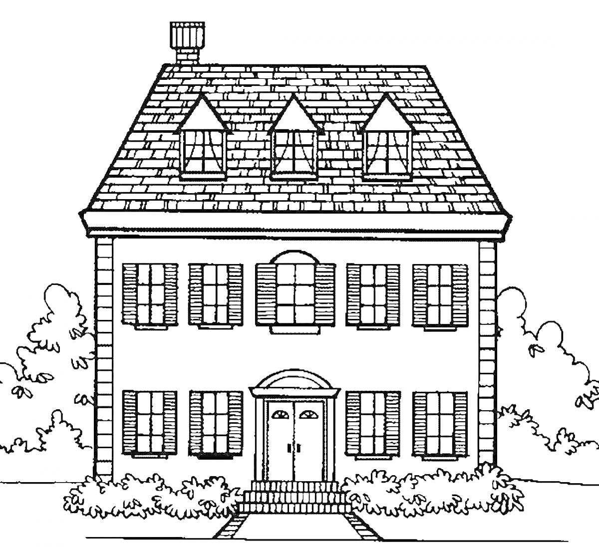 На раскраске изображено: Дом, Двухэтажный дом, Окна, Ставни, Кусты, Дверь
