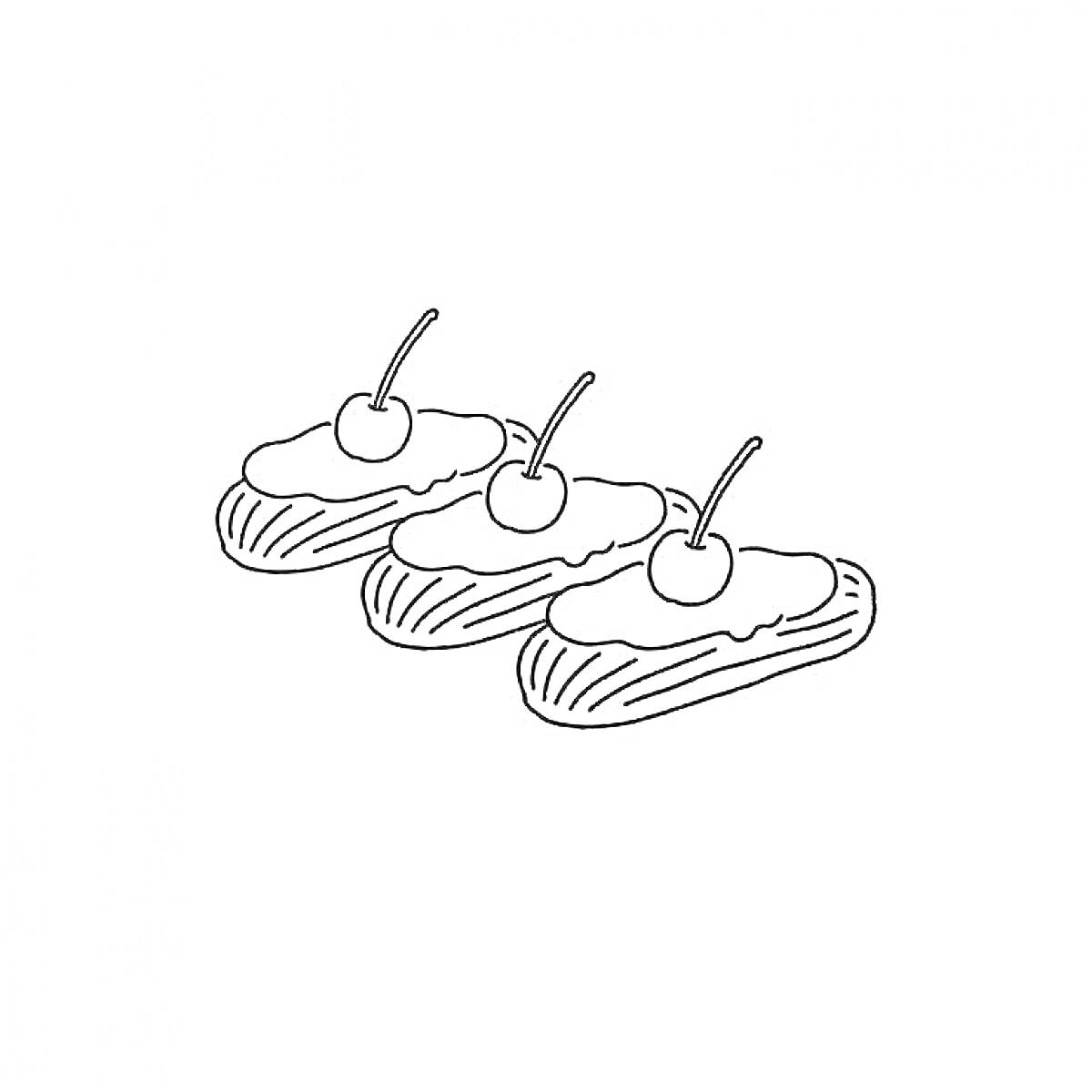 Раскраска Эклеры с кремом и вишней.