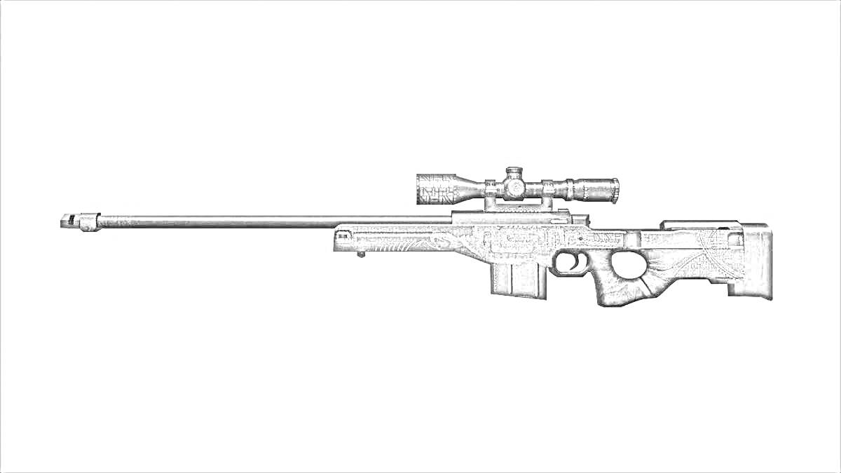 Раскраска Снайперская винтовка с оптическим прицелом на белом фоне