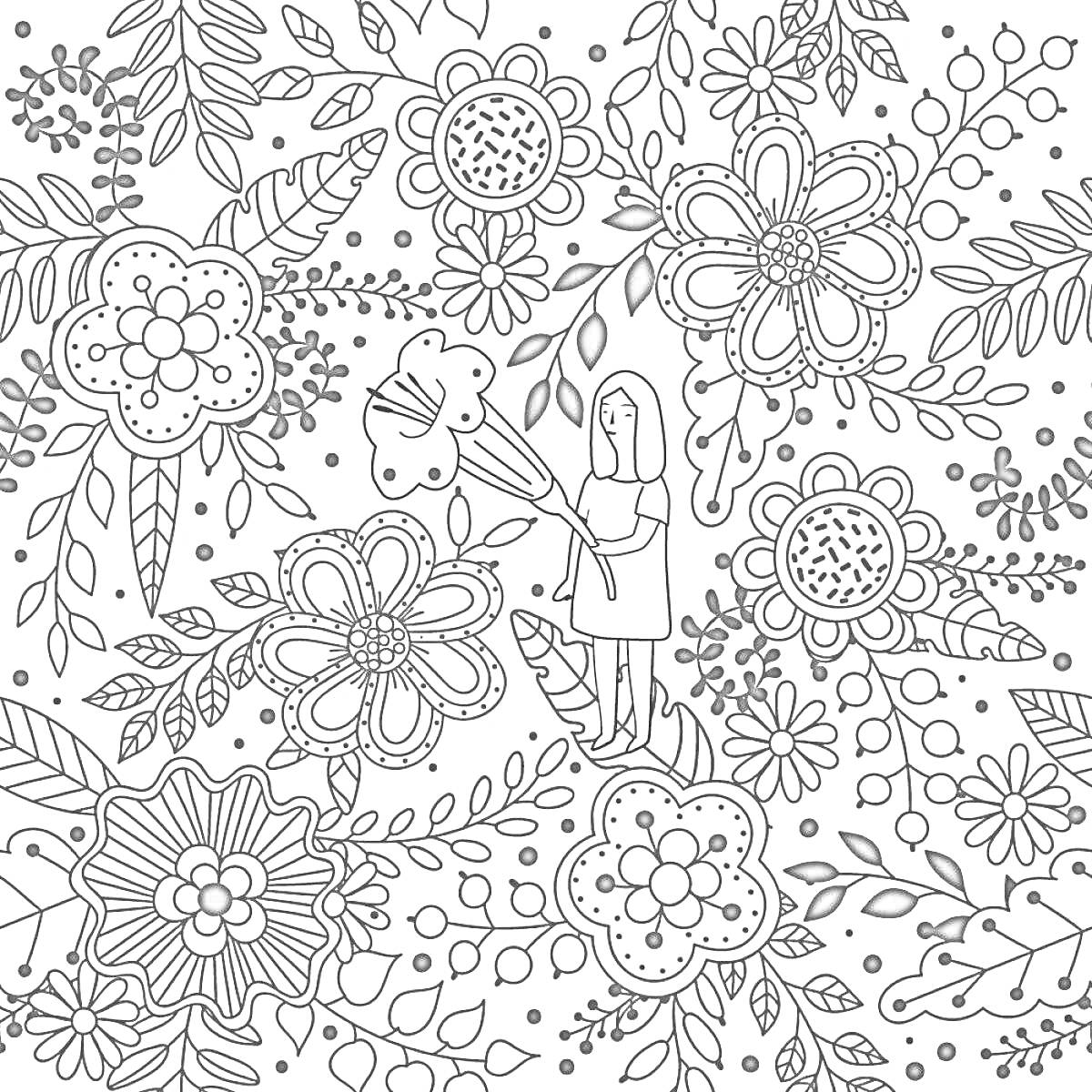На раскраске изображено: Девочка, Цветы, Листья, Узоры, Фауна, Флора, Воздушные шары