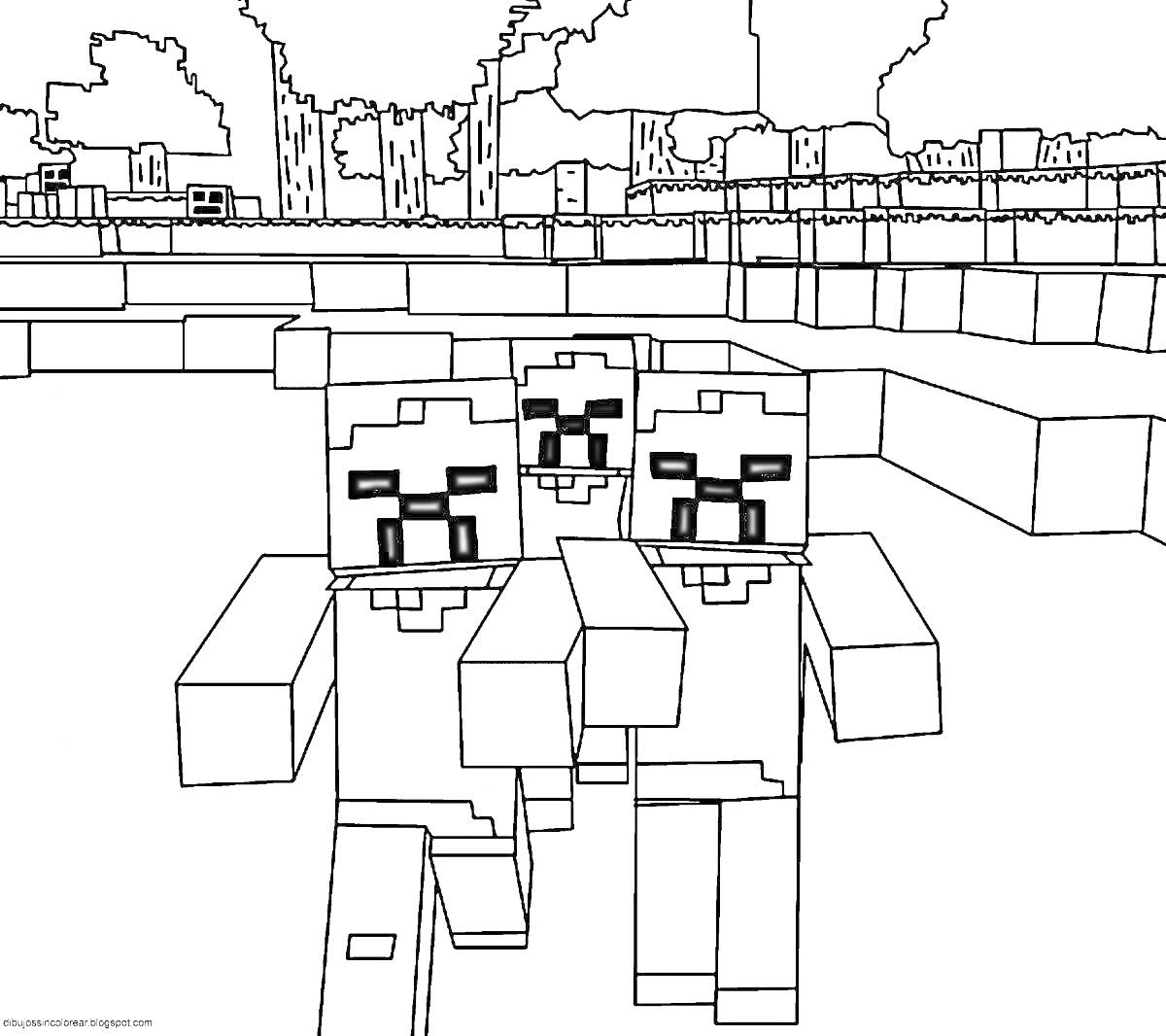 Раскраска Три зомби из Minecraft на фоне деревьев и построек