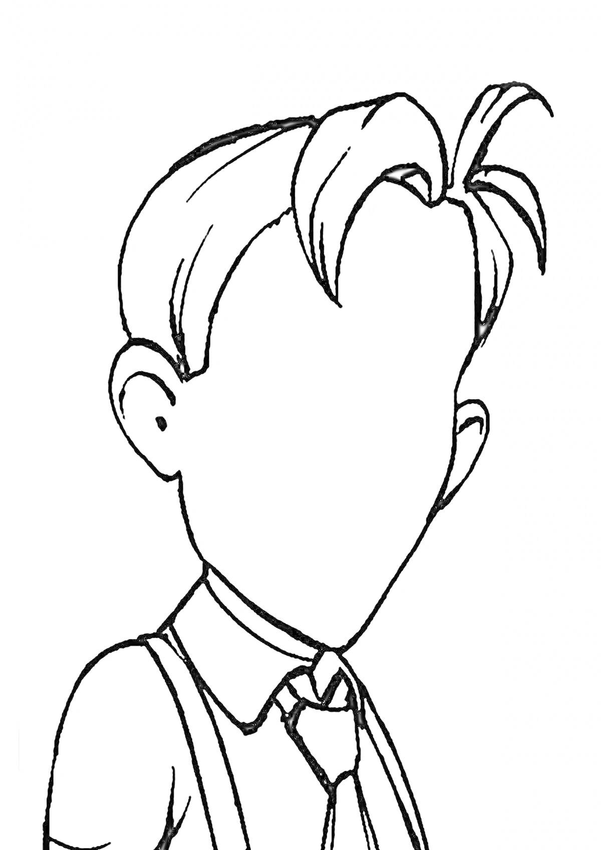 На раскраске изображено: Мальчик, Короткие волосы, Галстук, Подтяжки