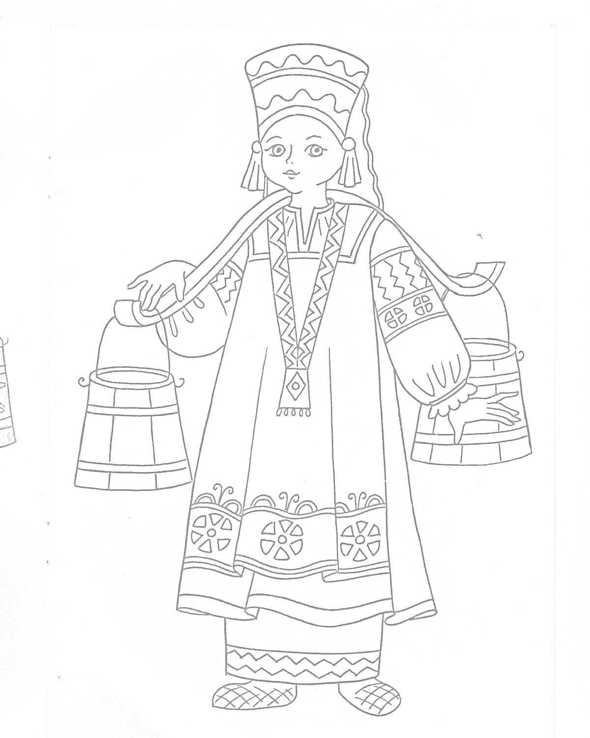 На раскраске изображено: Россия, Женщина, Коромысло, Традиционная одежда, Узоры