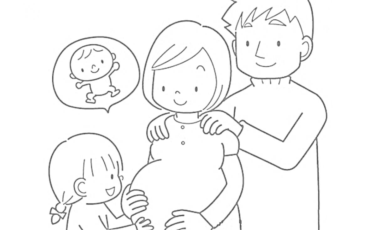 На раскраске изображено: Семья, Беременность, Мама, Дочь, Ребенок, Ожидание, Любовь