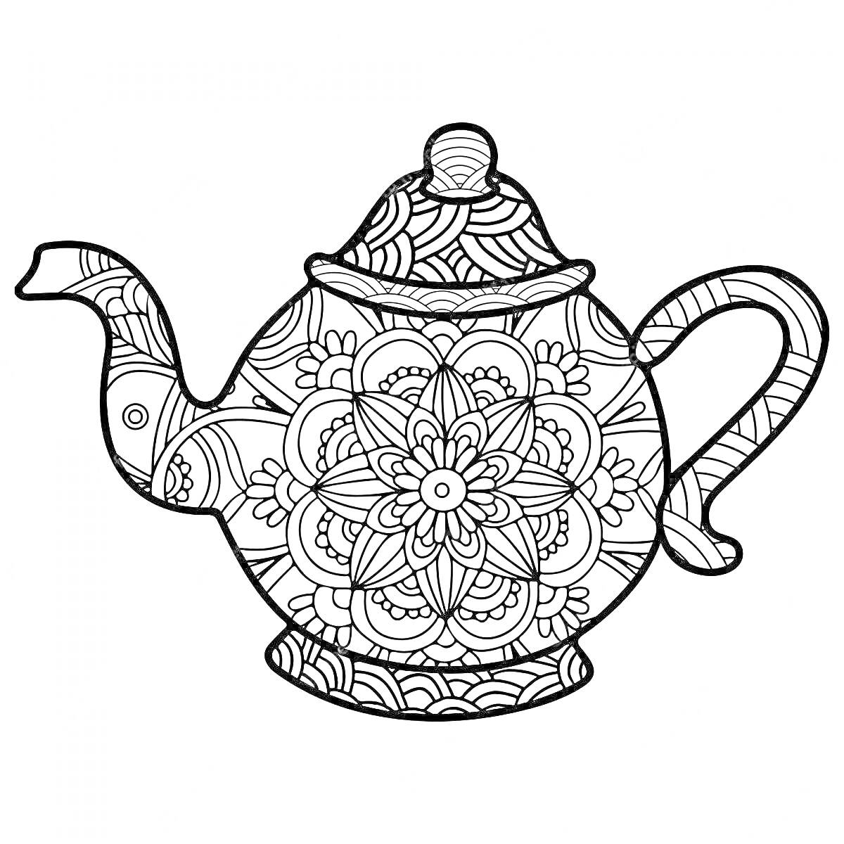 Раскраска Заварочный чайник с узором мандала