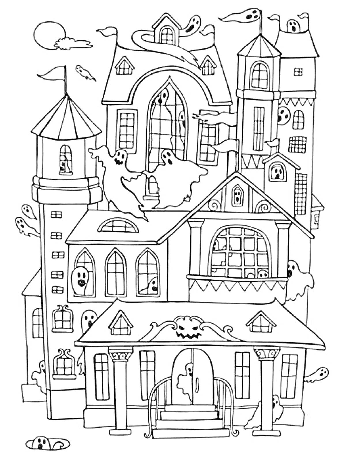 На раскраске изображено: Дом, Привидения, Окна, Башни, Облака, Арт