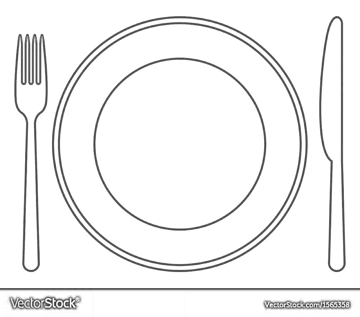 На раскраске изображено: Посуда, Тарелка, Вилка, Нож, Кухонные принадлежности, Кухонная утварь, Обеденный стол, Сервировка