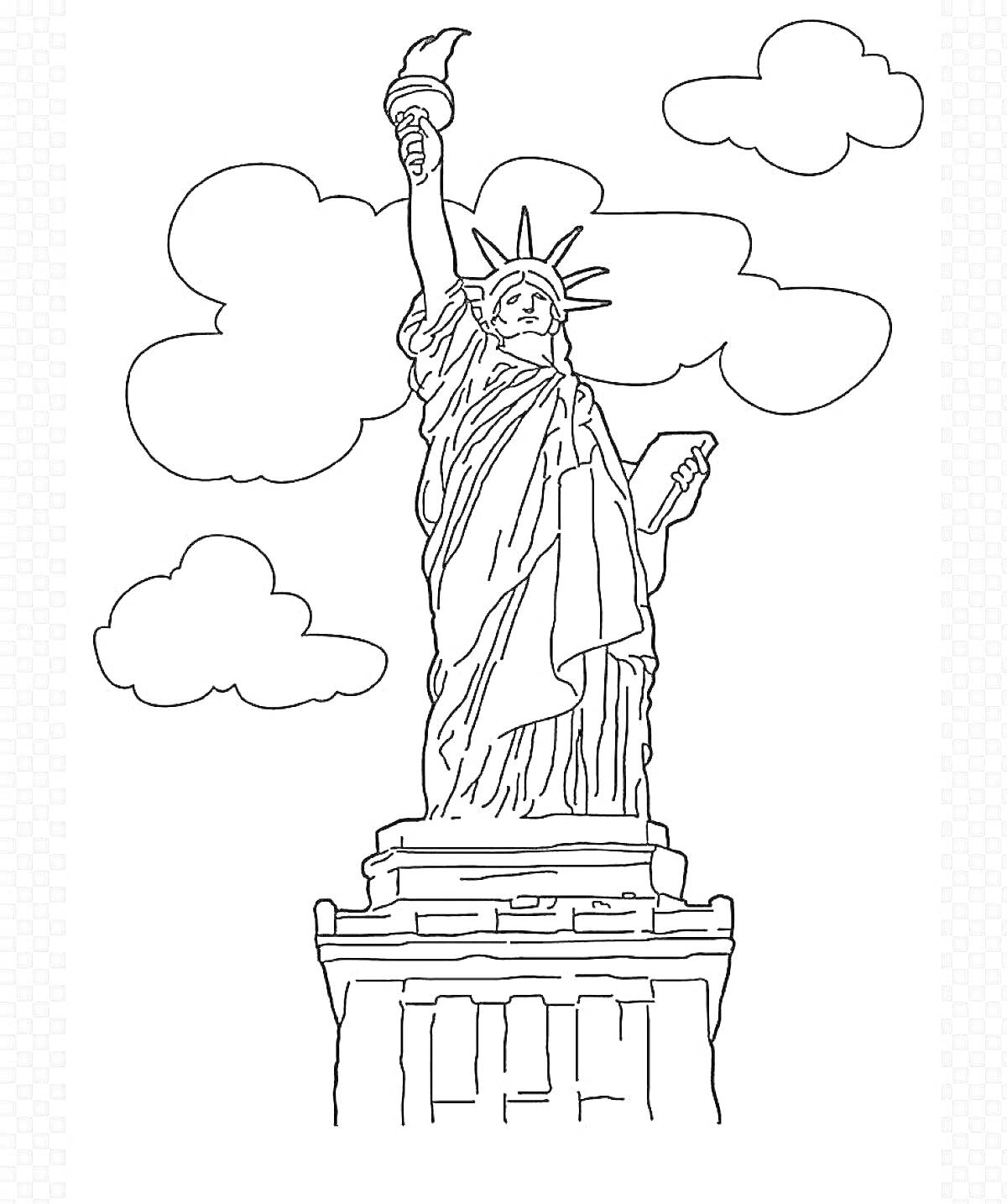 На раскраске изображено: Статуя Свободы, Облака, США, Нью-Йорк, Иллюстрация, Архитектура