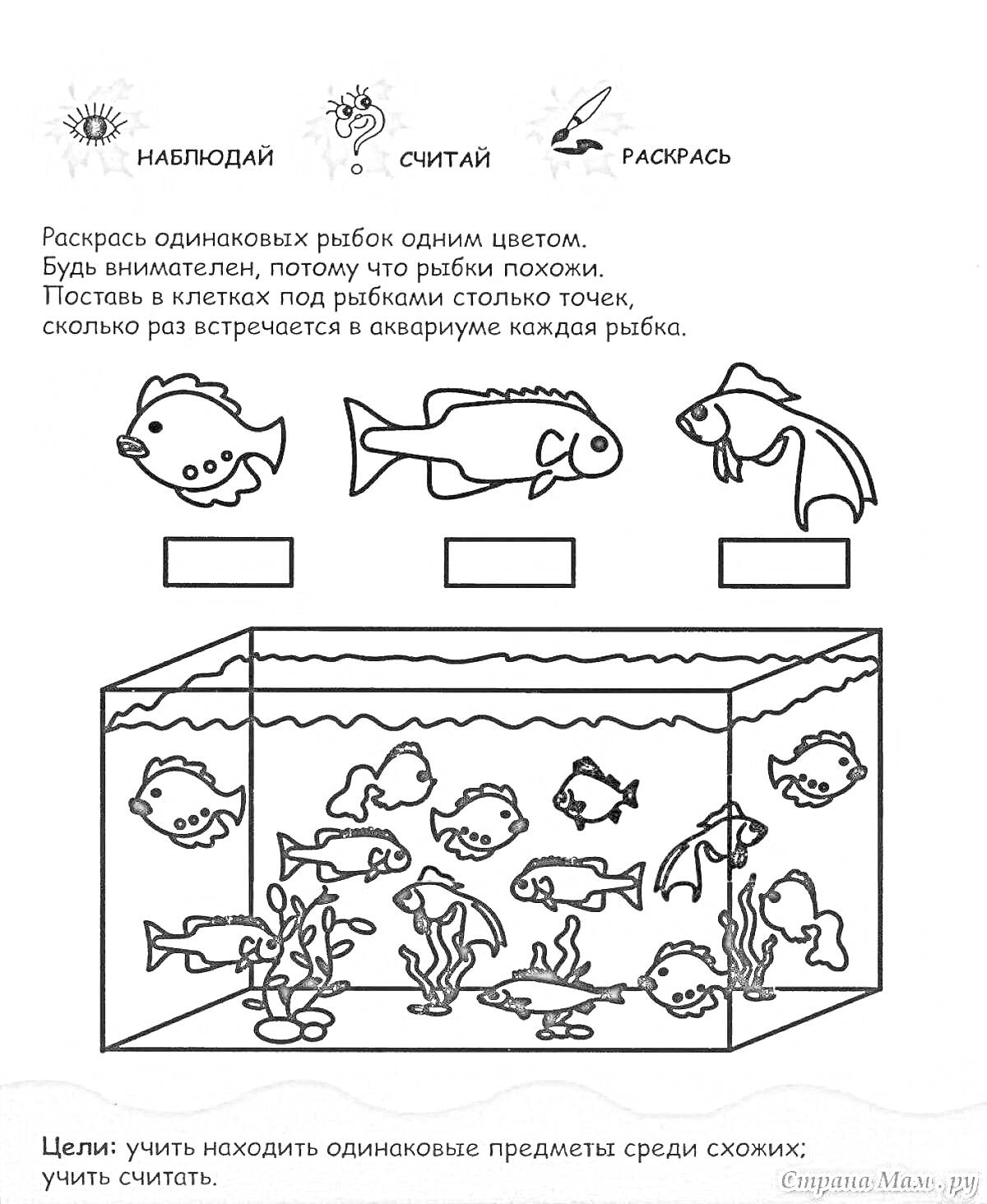 Раскраска Раскраска с заданием на поиск одинаковых рыб в аквариуме, подписью для каждой рыбы и указанием целей