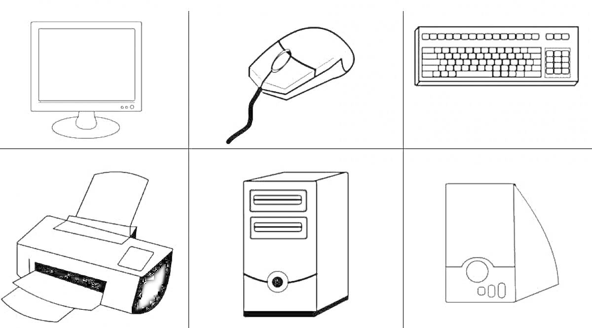 Раскраска Монитор, мышь, клавиатура, принтер, системный блок, дискета
