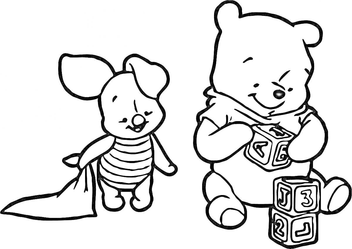 На раскраске изображено: Пятачок, Кубики, Игрушки, Одеяло, Друзья, Из мультфильмов, Для детей, Медведь, Свиньи