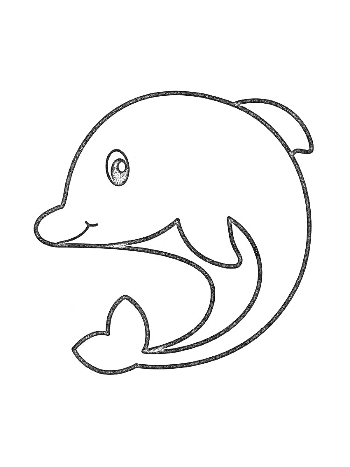 Раскраска Дельфин с хвостом и плавником, взгляд справа, простая иллюстрация для раскрашивания