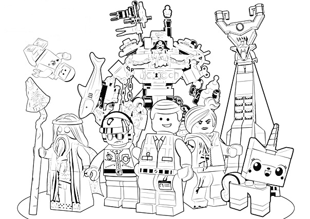 Раскраска Герои и обитатели LEGO мира с роботом, акулой, магом и котом-единорогом