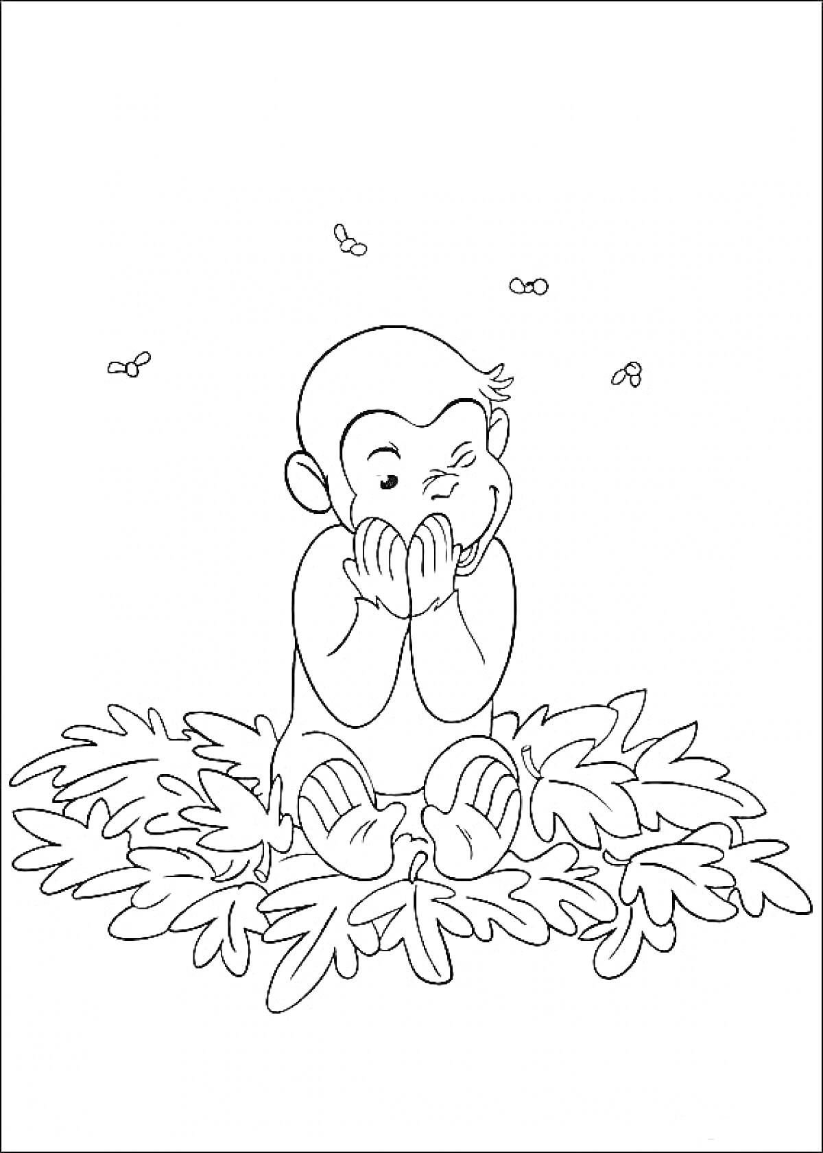 Любопытный Джордж сидит на листьях с пчелами вокруг