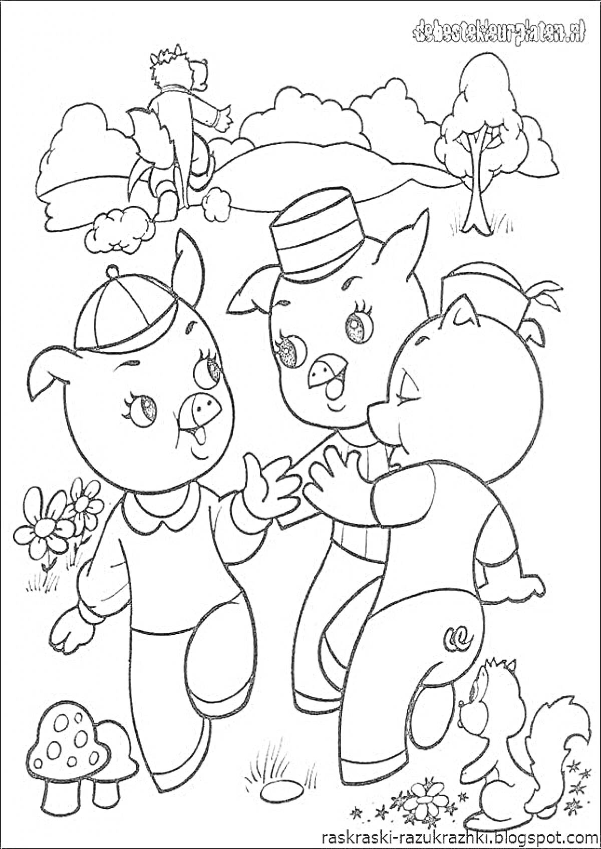 На раскраске изображено: Три поросенка, Луг, Цветы, Деревья, Грибы, Животные