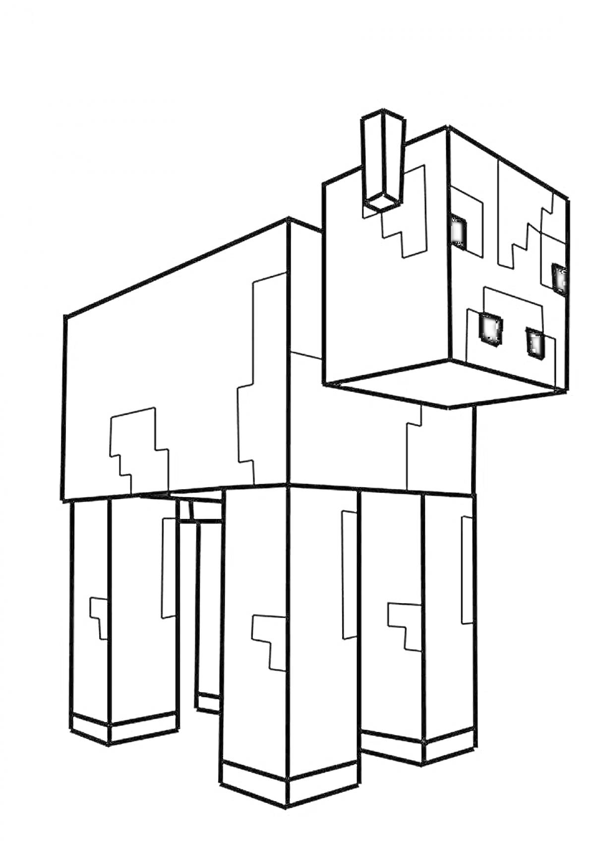 Раскраска Коровы из Майнкрафта, стоящие на четырех ногах, черно-белое изображение