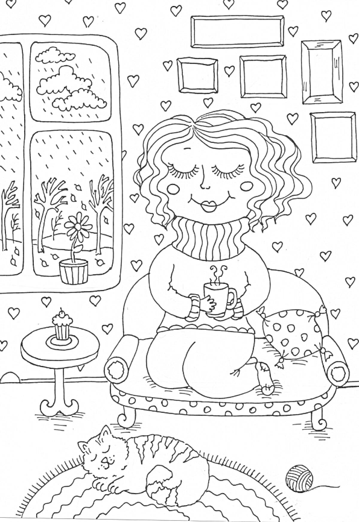 Раскраска Осенний уют - женщина на диване с чашкой, кот на коврике, вид из окна с деревьями и дождем, столик с кексом, подушка