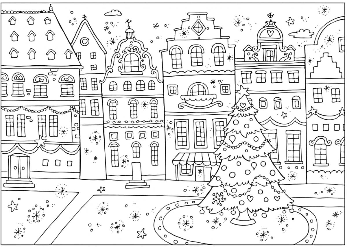 На раскраске изображено: Зима, Рождество, Снег, Украшения, Зимний пейзаж, 8 лет
