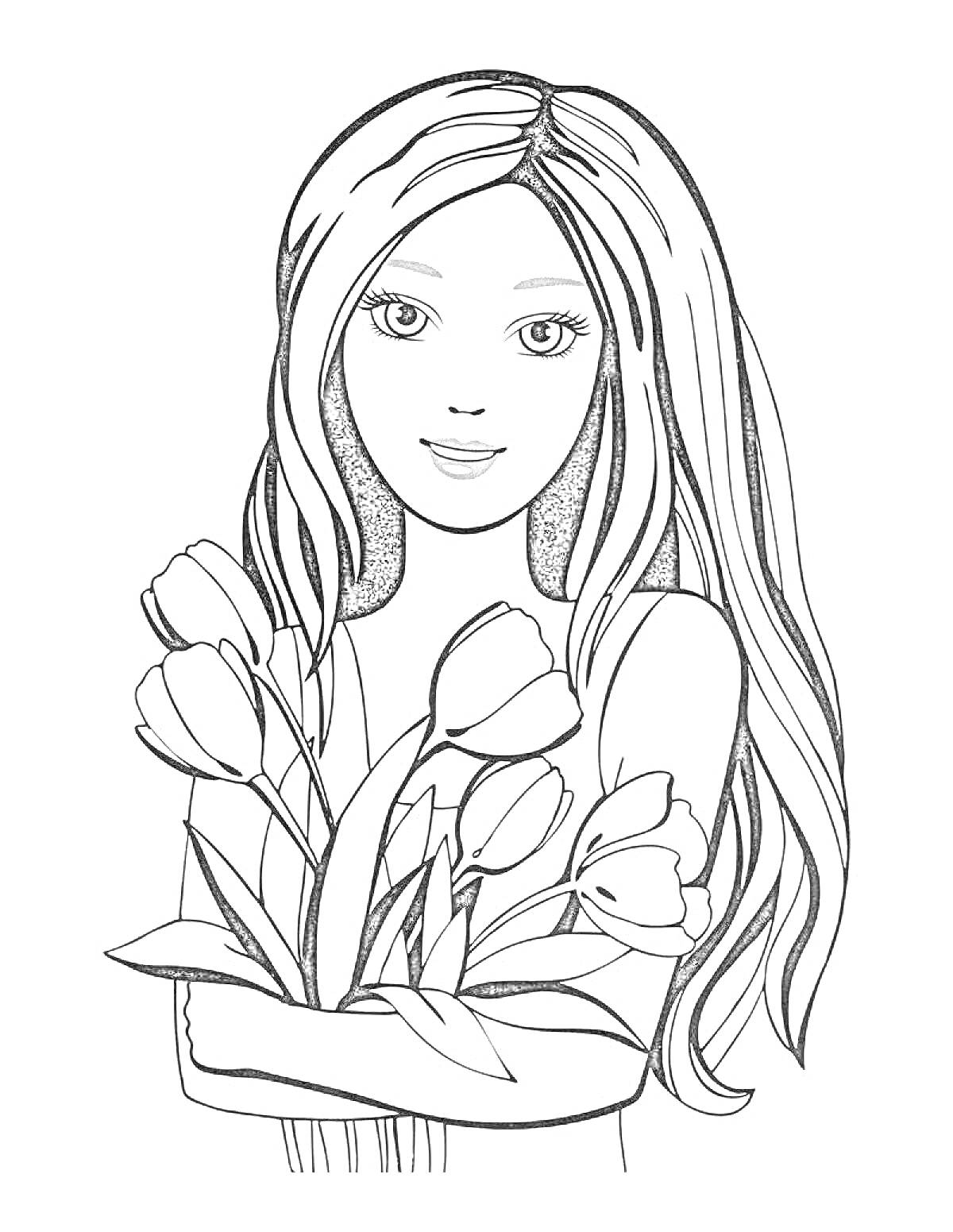 На раскраске изображено: Длинные волосы, Тюльпаны, Цветы, Женщина, Букет цветов, Девочка